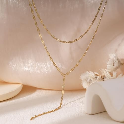 Layered Necklaces for Women,Dainty 14K Gold Plated Long Lariat Necklace Stack Simple Chain Pendant Necklace Fashion Accessories Long Necklaces for Women Trendy Gold Jewelry - color: Chain