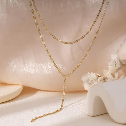 Layered Necklaces for Women,Dainty 14K Gold Plated Long Lariat Necklace Stack Simple Chain Pendant Necklace Fashion Accessories Long Necklaces for Women Trendy Gold Jewelry - color: Chain