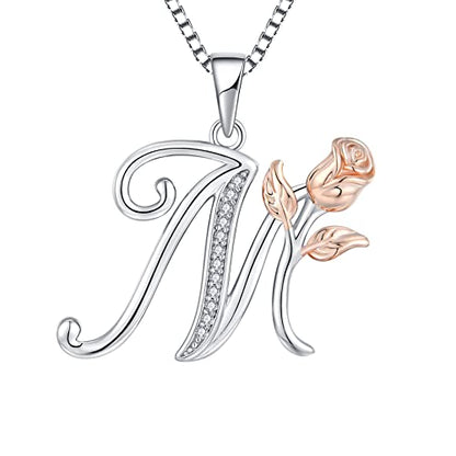 STARCHENIE Initial Necklace for Women Sterling Silver Letters 26 Alphabet Pendant Rose Flower Jewelry Gifts for Family Sisters Friend - color: M