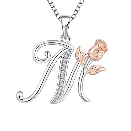 STARCHENIE Initial Necklace for Women Sterling Silver Letters 26 Alphabet Pendant Rose Flower Jewelry Gifts for Family Sisters Friend - color: M