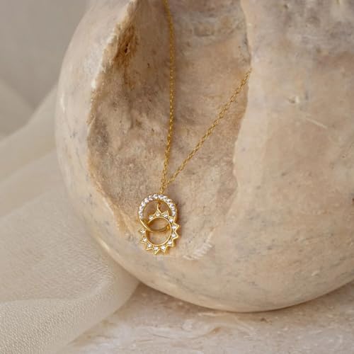 NUZON Sunburst Heart / 2-Tone Interlocking/CZ Evil Eye/Single Pearl/Love Heart Pendant Necklace for Women 14K Gold Chain Necklace Chunky Statement Jewelry - color: Sun & Moon