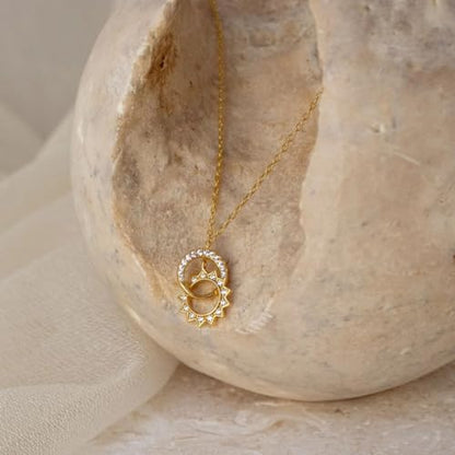 NUZON Sunburst Heart / 2-Tone Interlocking/CZ Evil Eye/Single Pearl/Love Heart Pendant Necklace for Women 14K Gold Chain Necklace Chunky Statement Jewelry - color: Sun & Moon