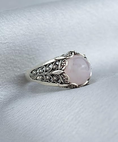 Filigranist 925 Sterling Silver Filigree Art Women Mini Dome Cocktail Ring with Gemstone, Gift Boxed - color: Rose Quartz