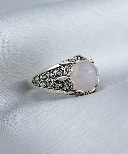 Filigranist 925 Sterling Silver Filigree Art Women Mini Dome Cocktail Ring with Gemstone, Gift Boxed - color: Rose Quartz