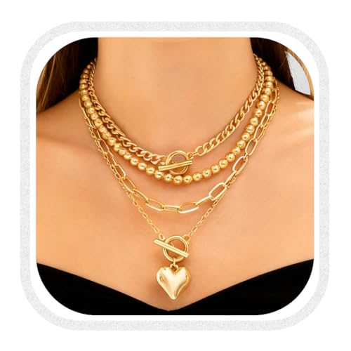 Chunky Layered Necklaces for Women, Stackable Paperclip Chain Necklace Set with Coin & Heart Pendants, Trendy Statement Jewelry for Everyday Wear and Gift Giving - color: Gold