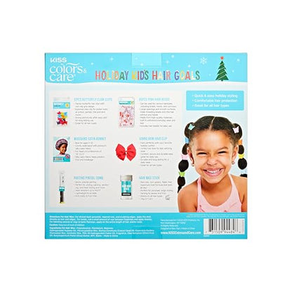 KISS Colors & Care Holiday Hair Goals Kids Hair Styling Gift Set, 12 Pc. Butterfly Claw Clips, 60 Pc. Pink Hair Beads, Wideband Satin Bonnet, Jumbo Bow Hair Clip, Hair Wax Stick, Parting Pintail Comb