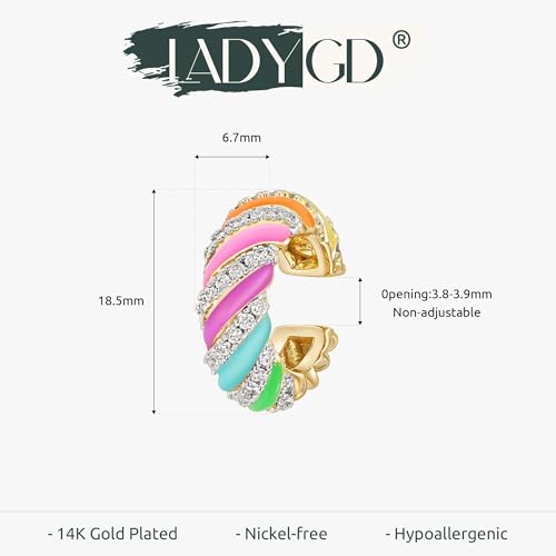 Rainbow Candy Ear Cuff for Women, Non Piercing Single | 14K Gold Plated Brass, Multicolor Cubic Zirconia, 0.4 in Inner Diameter, Fixed 3.8-3.9 mm Opening