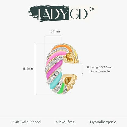 Rainbow Candy Ear Cuff for Women, Non Piercing Single | 14K Gold Plated Brass, Multicolor Cubic Zirconia, 0.4 in Inner Diameter, Fixed 3.8-3.9 mm Opening