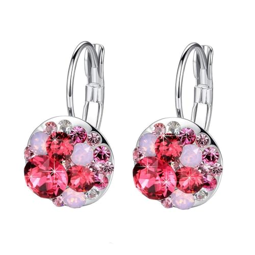 Multicolored Austrian Crystal Leverback Earrings for Women 14K Gold Plated Dangle Hoop Earrings Hypoallergenic Jewelry - color: Pink Red Crystals/Silver-tone