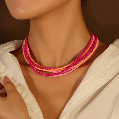 Handmade Colorful Multi-layered Multi Strand Seed Beaded Stackable Bohemian Braided Choker Necklaces for Women Summer Hawaiian Beach Holiday Boho Statement Jewelry - color: pink