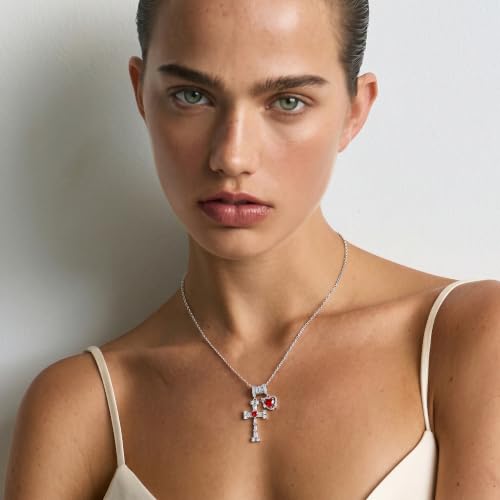Cross Heart Necklace for Women, Elegant Red Gemstone Pendant Jewelry, Non Tarnish Hypoallergenic Necklace, Dainty Everyday Layering Chain for Her, Birthday Anniversary Graduation Gifts - color: Silver