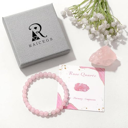 Raicegs 4 6 8MM Beaded Bracelets Healing Crystal Bracelet for Women Men Natural Stone Handmade Stretch Bracelet Reiki Spiritual Jewelry - color: Rose Quartz, size: 6mm