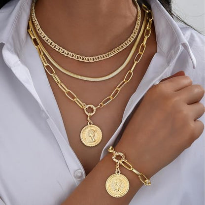 4 Pcs Gold Jewelry Set for Women with 3 Necklace, 1 Bracelet Elegant Sophisticated Style Versatile Piece Gold Plated Necklaces Bracelets
