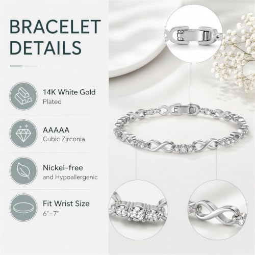 Tennis Bracelet for Women - 14K Gold Plated Heart Cubic Zirconia Bracelet, Dainty Trendy Anniversary Birthday Christmas Jewelry Gift for Her - color: Infinity Silver-18CM
