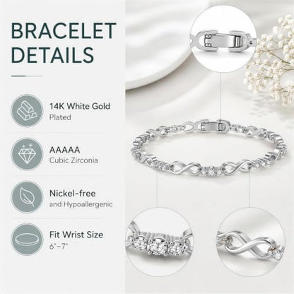 Tennis Bracelet for Women - 14K Gold Plated Heart Cubic Zirconia Bracelet, Dainty Trendy Anniversary Birthday Christmas Jewelry Gift for Her - color: Infinity Silver-18CM