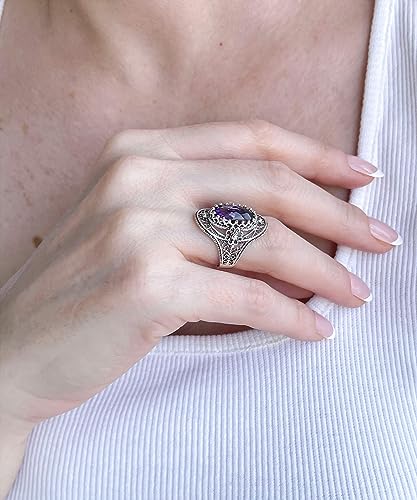 Filigranist 925 Sterling Silver Handcrafted Filigree Art Flower Pattern Woman Oval Statement Ring, Gift Boxed - color: Amethyst