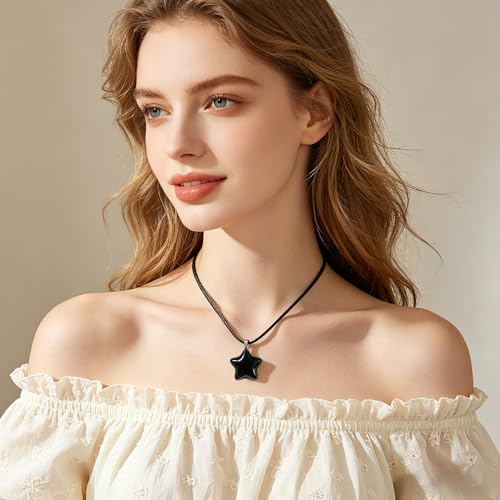 Natural Gemstone Simple Star Choker Necklace for Women, Minimalist Star Pendant Necklaces Adjustable Wax Chain - color: Black Obsidian