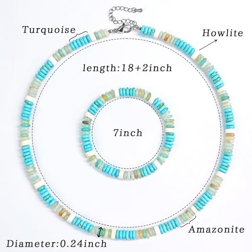 Beaded Necklaces for Women 3Pcs Colorful Boho Gemstone Bead Choker Summer Natural Stone Surfer Beach Bead Necklace Bracelets Earring Set Handmade Jewelry for Women Gift Jewelry Sets - color: 03-turquoise