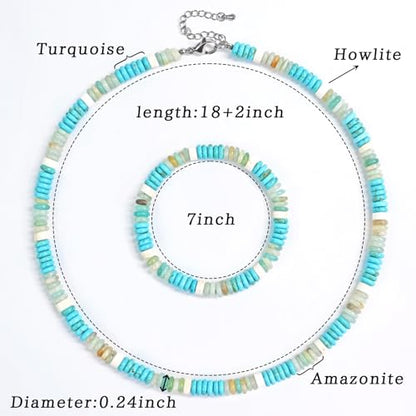 Beaded Necklaces for Women 3Pcs Colorful Boho Gemstone Bead Choker Summer Natural Stone Surfer Beach Bead Necklace Bracelets Earring Set Handmade Jewelry for Women Gift Jewelry Sets - color: 03-turquoise