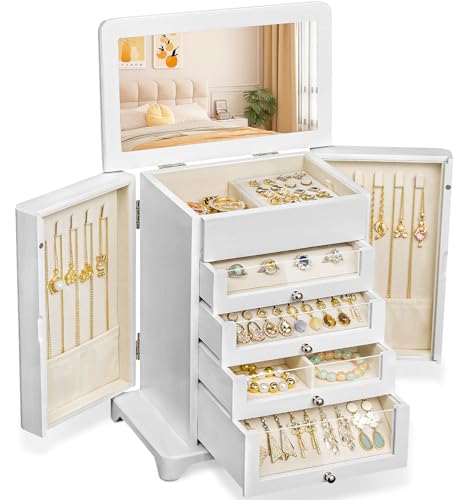 Large Jewelry Box & Organizer for Women, Wooden Jewelry Storage with 4 Transparent Drawers, Holds Necklaces, Rings, Bracelets, Earrings and Watches(White) - color: White