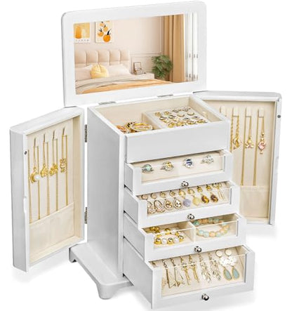 Large Jewelry Box & Organizer for Women, Wooden Jewelry Storage with 4 Transparent Drawers, Holds Necklaces, Rings, Bracelets, Earrings and Watches(White) - color: White