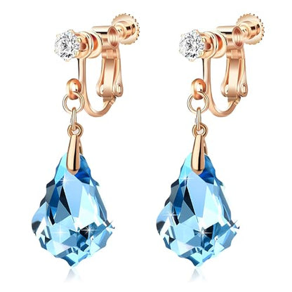 Austrian Crystal Baroque Drop Clip On Dangle Earrings for Women Non Pierced 14K Rose Gold Plated Hypoallergenic Jewelry - color: Aquamarine