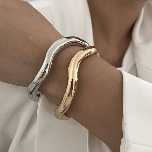 Frodete Chunky Gold Bangles for Women Non Tarnish Chunky Wide Cuff Bracelets Silver Cuff Bangle Bracelet Trendy Statement Minimalist Jewelry Gifts - color: A31:gold and silver bangles