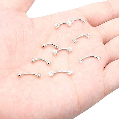 Eyebrow Barbell 16G Surgical Steel Rings with Clear Diamond CZ Curved Barballs Body Piercing Jewelry for Women Men 6mm 8mm 10mm 9 Pieces - color: A: 9Pcs-16G-Silvertone