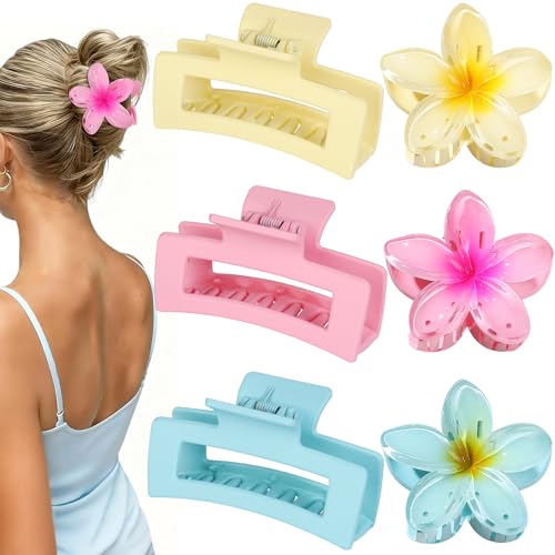 Flower Hair Clips for Women, Square Claw Clips for Girls 6 PCS - Pink | 2 Styles Hair Claw Clips for Thick or Thin Hair Hawaiian Hibiscus Rectangle Large Plumeria Medium Hair Accessories for Women - color: Pink