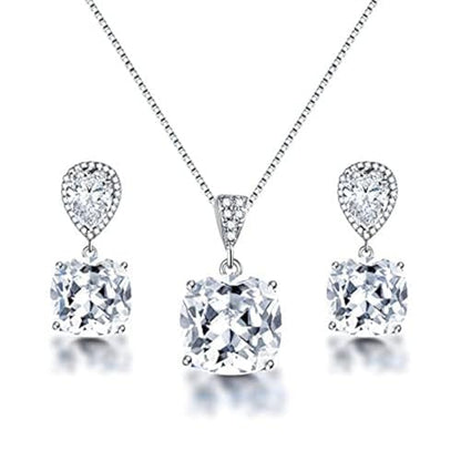 Elegant Jewelry Set for Women Silver Teardrop CZ Drop Earrings and Necklace | Square Teardrop Cubic Zirconia Rhinestone Jewelry Sets Bridal Jewelry Sets for Wedding Bride Bridesmaids Mother of Bride - style: Shining Beauty