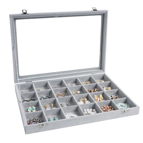 Wudygirl Velvet Earring Organizer Tray with Lid, 13.7x9.4 Inch Gray | 24 Grid Jewelry Organizer for Earrings, Perfect for Home Organization, Jewelry Display, Gift Giving, Dustproof Design - color: Gray, size: 24 Grid