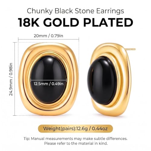 Chunky Gold Stud Earrings for Women 18K Gold Plated Hypoallergenic Chunky Statement Earrings Big Natural Crystal Stone Earring Gift for Women - color: Black Obsidian