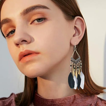 Faux Feather Fringe Tassel Long Dangle Earrings for Women | Bohemian Women Tassel Drop Jewelry - color: black grey