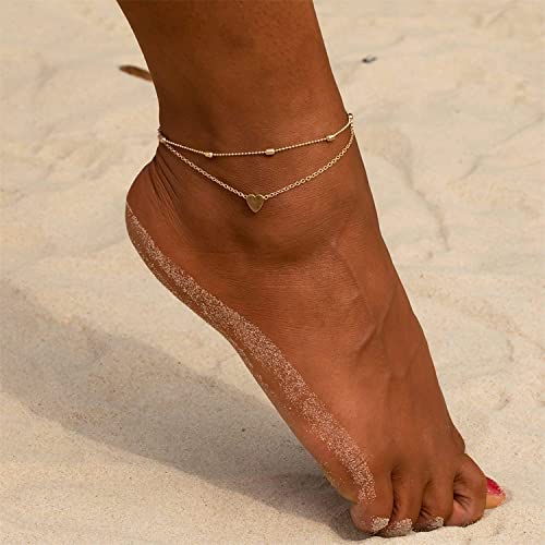 Dainty Simple Chain Anklet for Women 18k Gold/Silver Plated Summer Beach Beaded Evil Eye Moon Figaro Butterfly Satellite Cuban Pearl Flat Marina Anklet Gift - color: Heart Bead- Gold