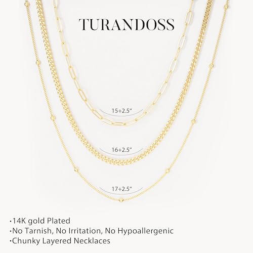 Turandoss Layered Necklaces for Women, 14K Gold Plated Chain Necklace Stack | Non Tarnish Gold Necklaces for Women, Toggle Clasp Herringbone Rope Satellite Cuban Link Chain Necklace, Trendy Jewelry Gifts - color: paperclip+cuban link+satellite