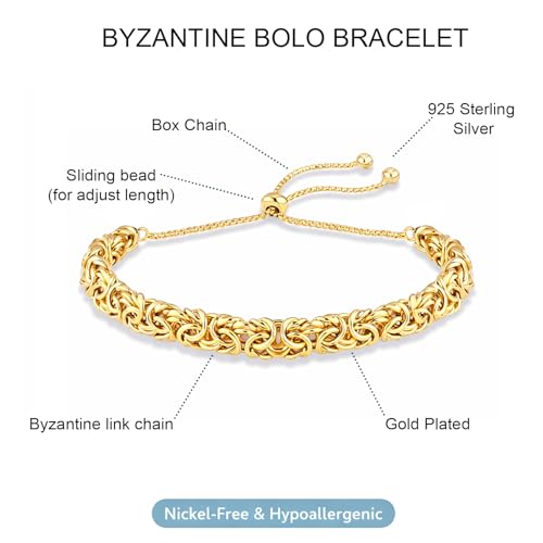 LeCalla 925 Sterling Silver Byzantine Bolo Bracelet for Women | Handmade Adjustable Sliding Bolo Link Chain Bracelet | Classic Italian Byzantine Jewelry - color: Yellow Byzantine