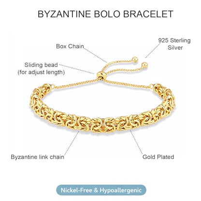 LeCalla 925 Sterling Silver Byzantine Bolo Bracelet for Women | Handmade Adjustable Sliding Bolo Link Chain Bracelet | Classic Italian Byzantine Jewelry - color: Yellow Byzantine