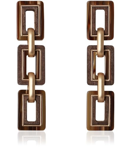 Ozel - Natural Wooden Acrylic Boho Drop Dangle Earrings for Women - Geometric Statement Jewellery - Brown, Black, Magent Red, Olive Green, White beige - color: 3Square_Brown