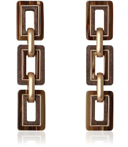 Ozel - Natural Wooden Acrylic Boho Drop Dangle Earrings for Women - Geometric Statement Jewellery - Brown, Black, Magent Red, Olive Green, White beige - color: 3Square_Brown