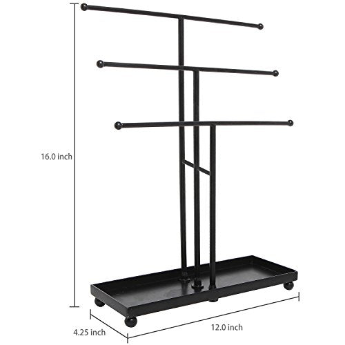 MyGift 3 Tier Black Metal Jewelry Organizer Stand with Ring Tray Base | Organize necklaces and bracelets across three tiers while the sturdy base tray keeps rings and small jewelry neatly stored