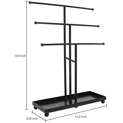 MyGift 3 Tier Black Metal Jewelry Organizer Stand with Ring Tray Base | Organize necklaces and bracelets across three tiers while the sturdy base tray keeps rings and small jewelry neatly stored