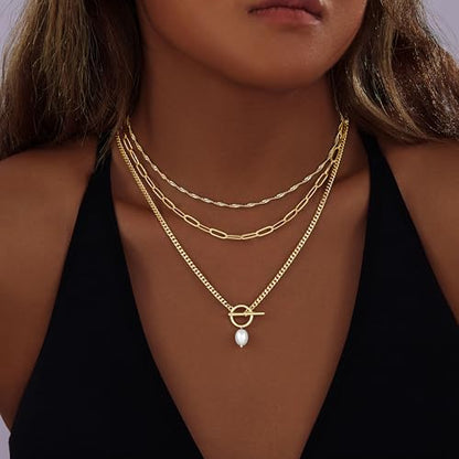 Poxtex Layered Gold Necklaces for Women, Stackable Dainty 14K Gold Silver Plated Trendy Simple Heart Diamond Cross Bow Circle Pendant Paperclip Choker Dot Chain Necklace,Jewelry Set Gifts for Women - color: Gold, style: Pearl1
