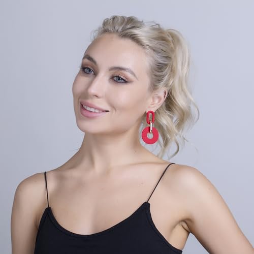 RUOFFETA Acrylic Rectangle Earrings, Fashion Acrylic Square/Oval/Hoop Statement Drop Earrings for Women - color: Red Round