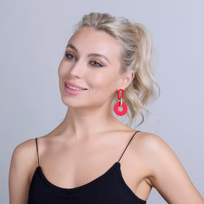RUOFFETA Acrylic Rectangle Earrings, Fashion Acrylic Square/Oval/Hoop Statement Drop Earrings for Women - color: Red Round