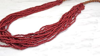 Long Red Multi-Strand Seed Bead Necklace with Wood Beads – 15 Layer Bohemian Statement Necklace, Casual Layered Fashion Jewelry