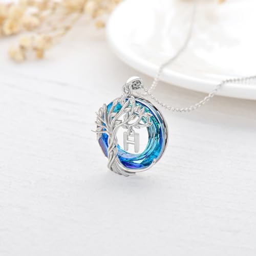 TOUPOP Gifts for Women Tree of Life Initial Necklace 925 Sterling Silver Letter Pendant with Blue Crystal Birthday Jewelry Gifts for Women Her Mom Wife Daughter - color: Tree of Life H Initial