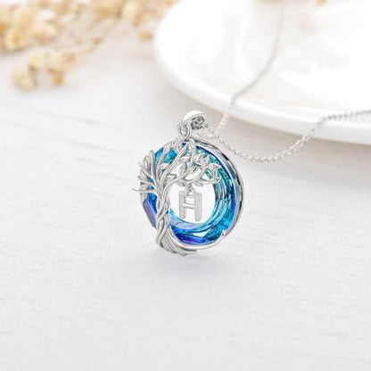 TOUPOP Gifts for Women Tree of Life Initial Necklace 925 Sterling Silver Letter Pendant with Blue Crystal Birthday Jewelry Gifts for Women Her Mom Wife Daughter - color: Tree of Life H Initial