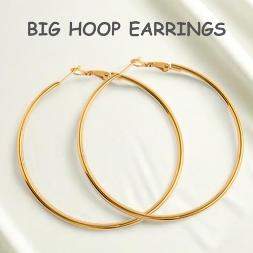 70mm Big Large Stainless Steel Gold Silver Hoop Earrings for Women | Hypoallergenic, Thin, 14K Gold Plated, Lightweight Dangle - color: 1 Pairs Gold-70mm