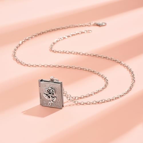Photo Book Locket Necklace for Women Charm Choker Pendants that Holds Pictures Memorial Jewelry - color: Rose Flower Pattern