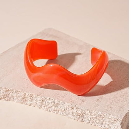 Creative Wave-shaped Opening Cuff Bracelets Statement Colorful Geometric Chunky Bangle Bracelets Acrylic Resin Irregular Wristbands for Beach Vacation Jewelry - color: Orange